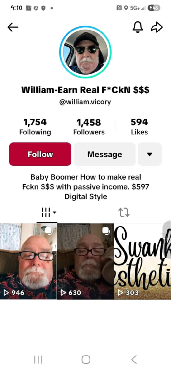 TikTok profile screenshot of William Vicory promoting Digital Money Coach