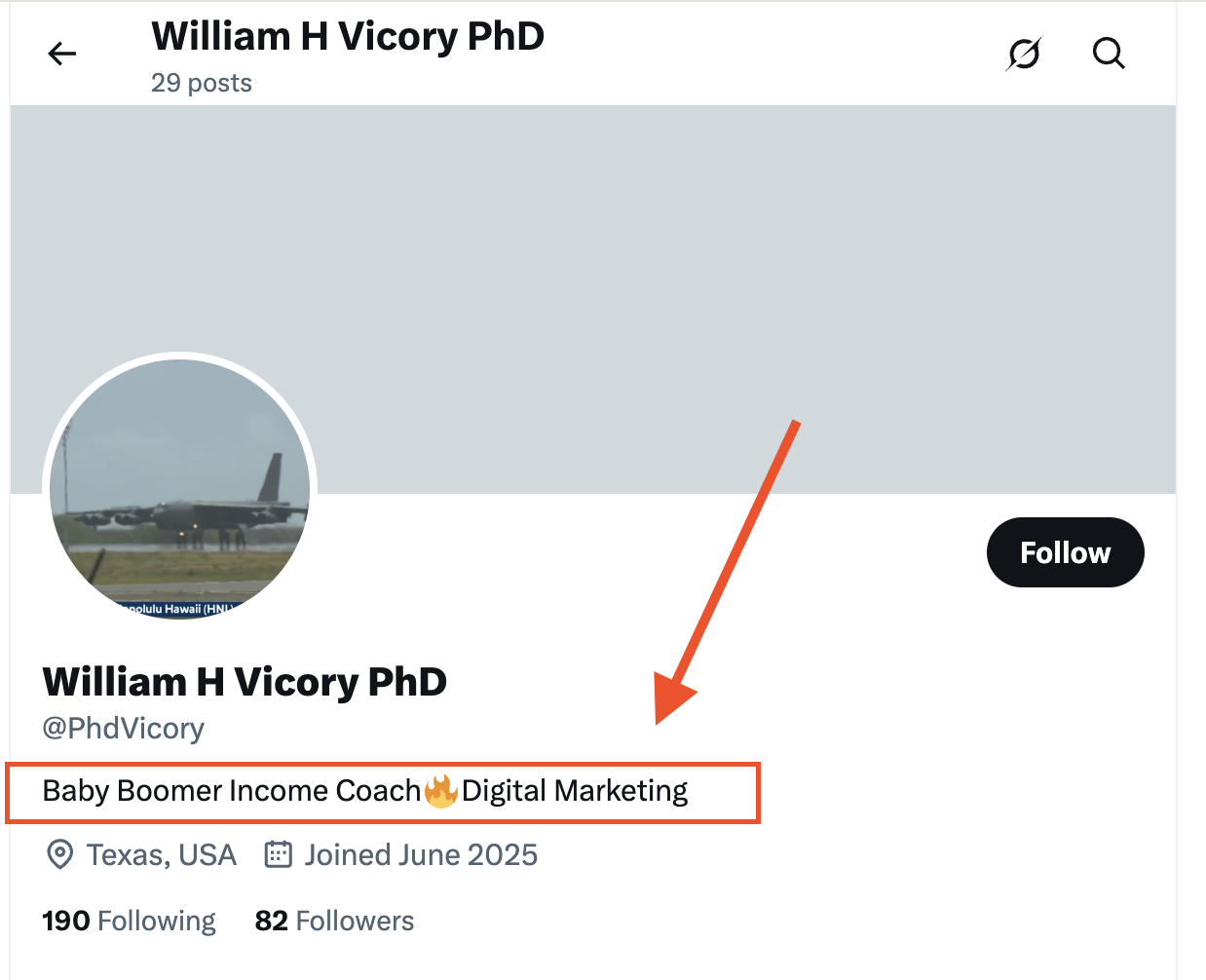Twitter screenshot of William Vicory claiming to be Baby Boomer Income Coach