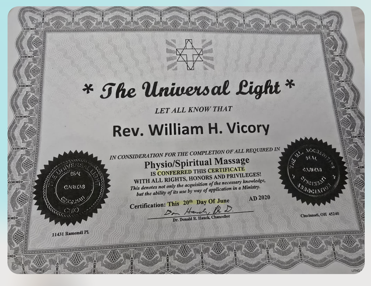 Ordination/related certificate from The Universal Light; details visible on image