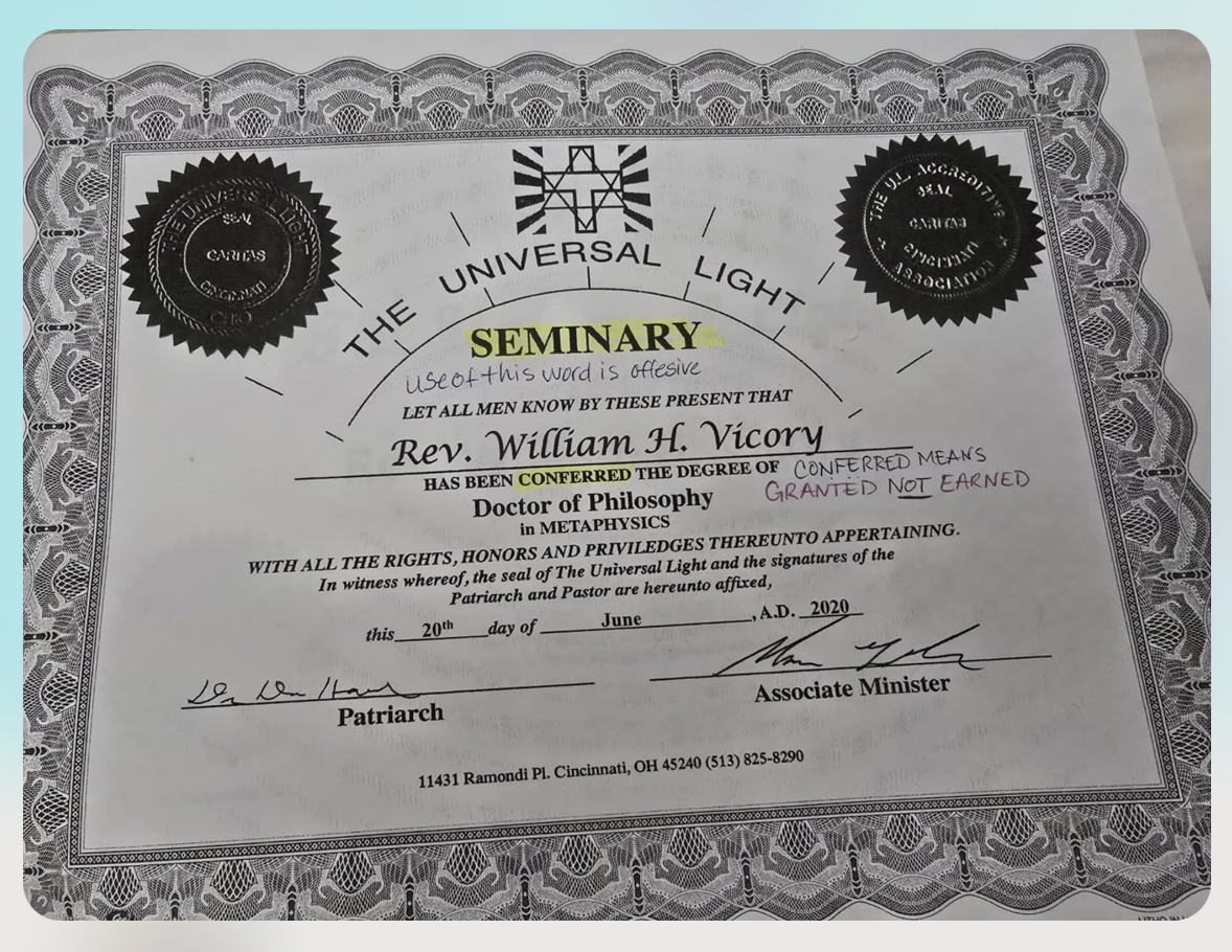 Certificate from The Universal Light; 'Doctor of Philosophy in Metaphysics'; date visible on image