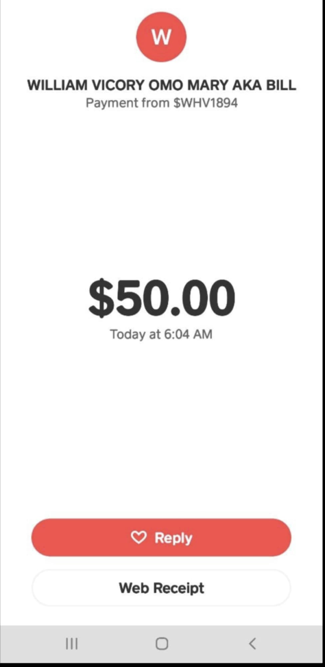 Payment screenshot to Omo Mary aka Bill