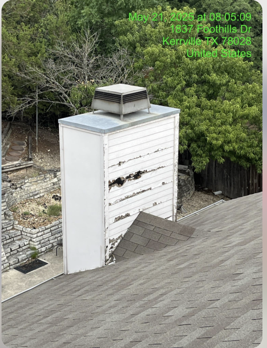 Chimney photo showing home neglect while Bill Vicory spends money tied to Danielle Monclova Kerrville