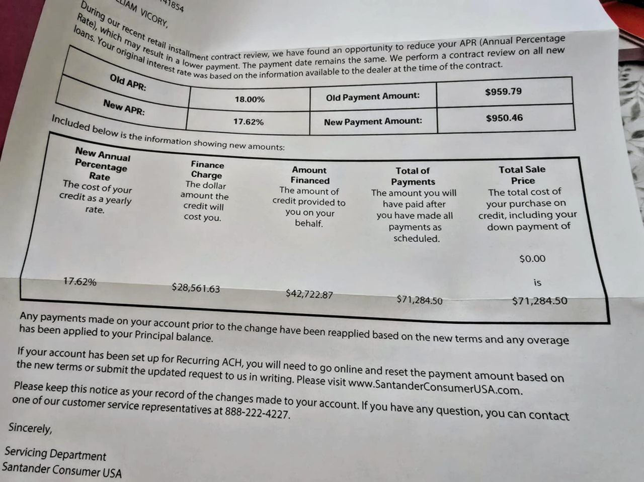 Santander notice showing APR change to 17.62% and total payments ~$71,284.50; truck kept at Danielle Monclova’s Kerrville address