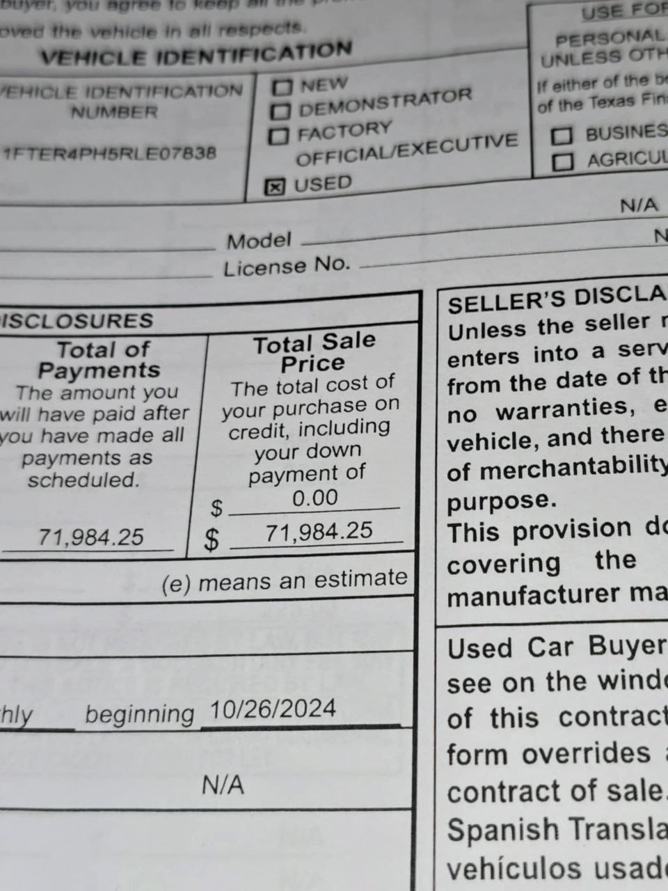 Installment contract showing total payments ~$71,984.25 on used 2024 Ford Ranger; linked to Danielle Monclova in Kerrville